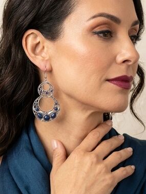 Silver-Tone Blue Stone Double Hoop Earrings